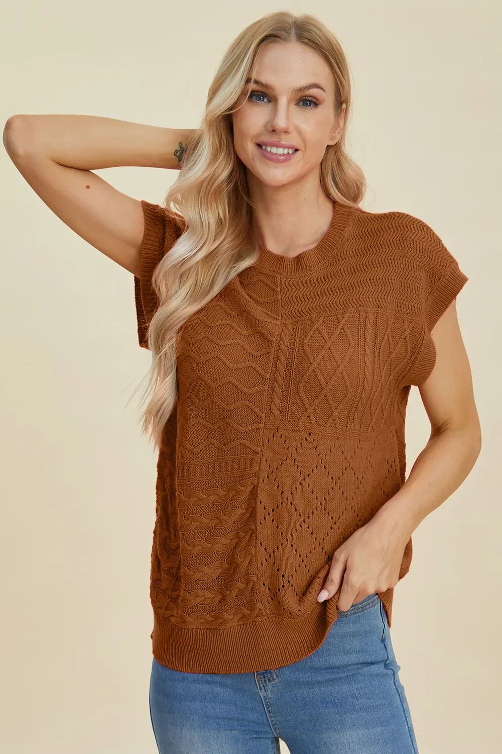 Double Take Full Size Cable-Knit Round Neck Cap Sleeve Sweater New Era Fashion LLc