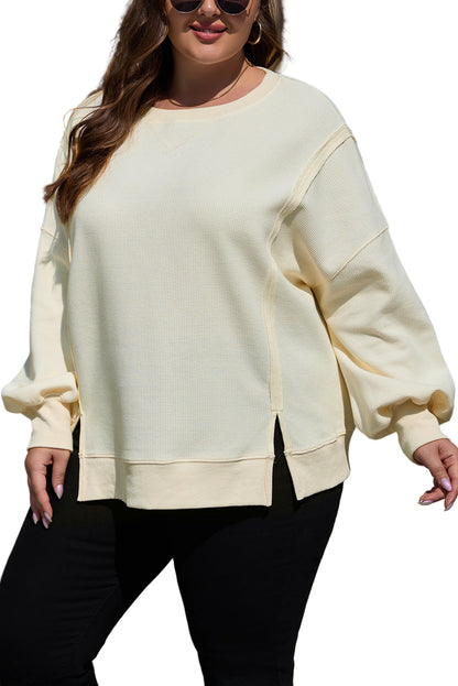 White Solid Color Waffle Knit Drop Shoulder Plus Size Sweatshirt Garden Naked Curves