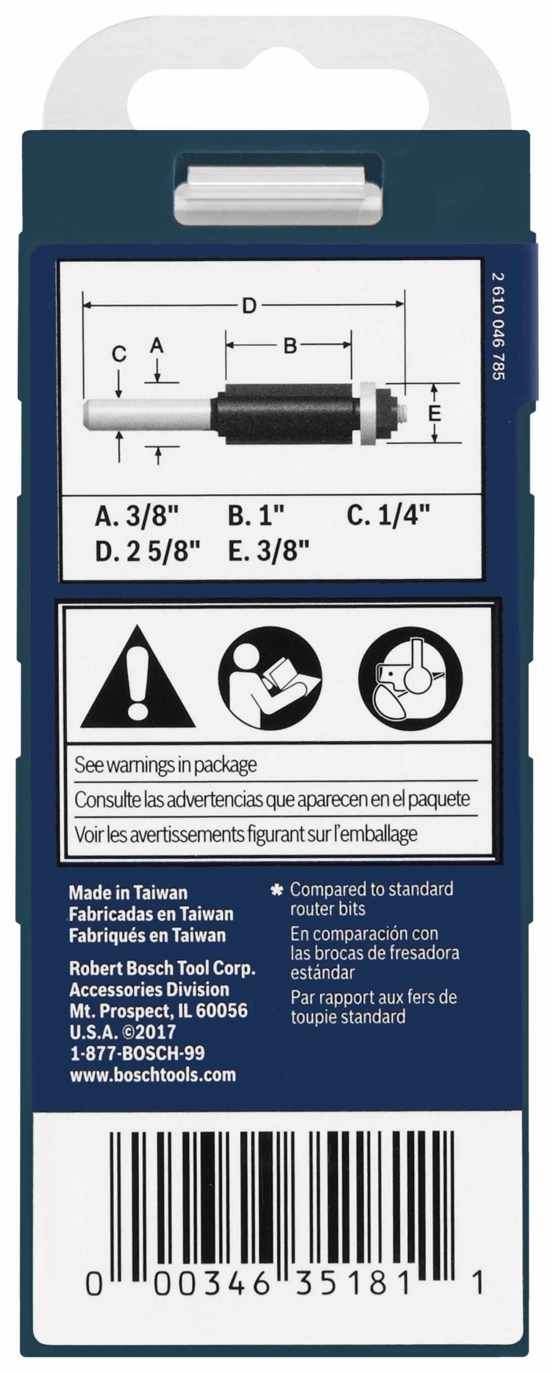 BOSCH 85268MC 3/8 In. x 1 In. Carbide-Tipped Double-Flute Flush Trim Router Bit VM Hardware