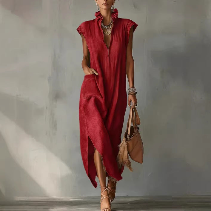Women’s Cotton-Linen Sleeveless Solid-Color Shirt Dress FitiqueFit