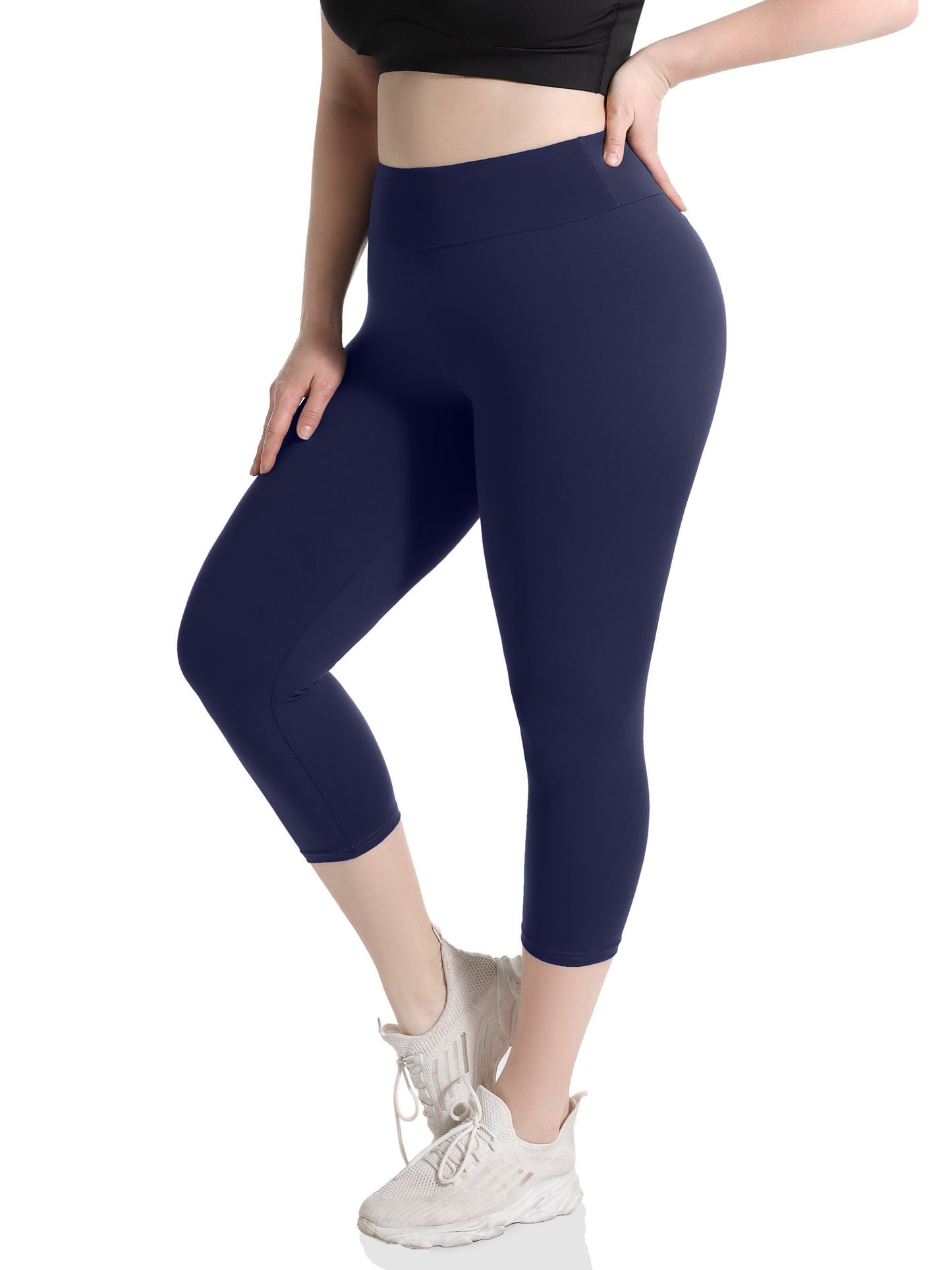 Women'S Plus Size Capri Leggings, High Waist Tummy Control, 4X Stretch, Pocket Detail, Solid Black, Knit Fabric, Polyester 92%, Spandex 8%, 210g/m², All Season Skinny Yoga Pants NovaCart