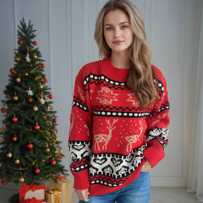 Women’s Red Deer Christmas Sweater | Jacquard Knit Long Sleeve Pullover FitiqueFit