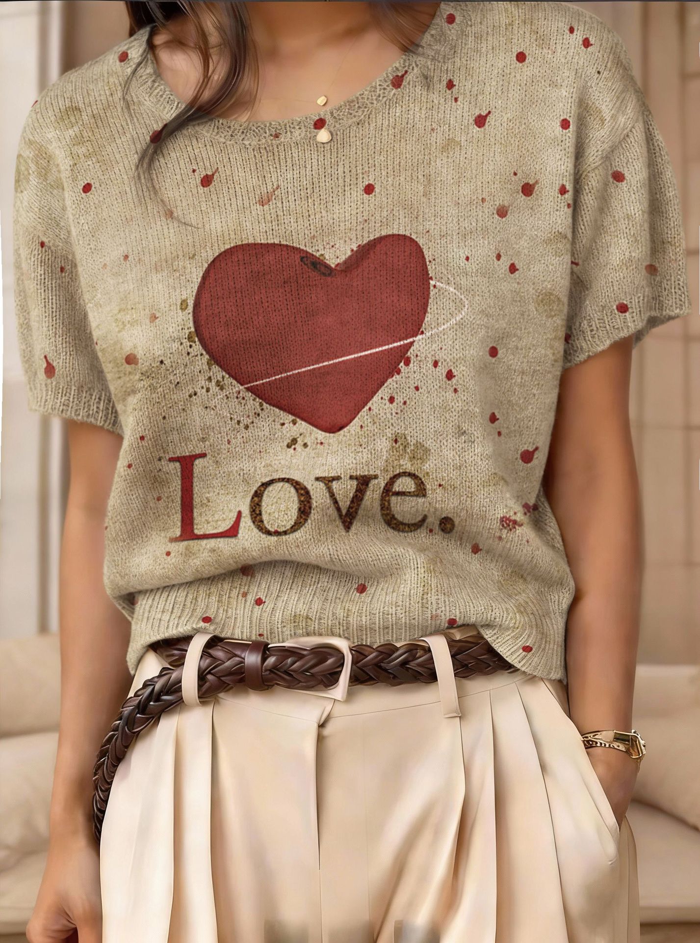 Women's Retro Short-Sleeve Jacquard Knit Top FitiqueFit