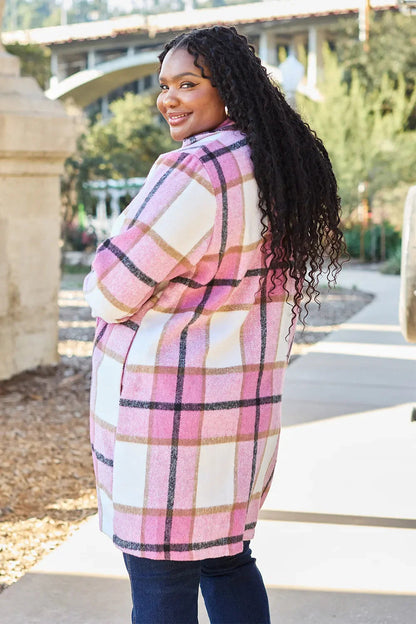 Double Take Full Size Plaid Button Up Lapel Collar Coat West2East Surf
