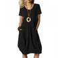 Cotton And Linen Solid Color Loose Round Neck Short Sleeve Dress Grayceful LLC