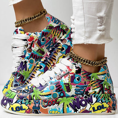 Women's Casual Round Toe Thick Sole Lace-Up Sneakers, Random Print Design, Comfortable Sporty Shoes For Daily Wear See size chart under “more details” The Fashion Celestial