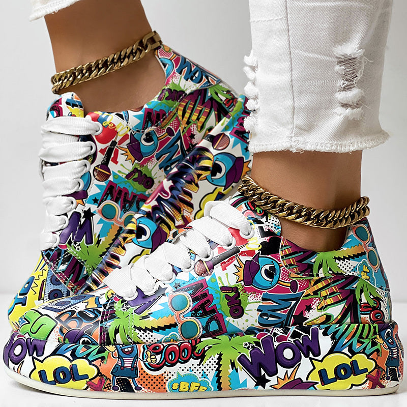Round-Toe Thick-Sole Lace-Up Sneakers — Women’s Casual Print Shoes FitiqueFit
