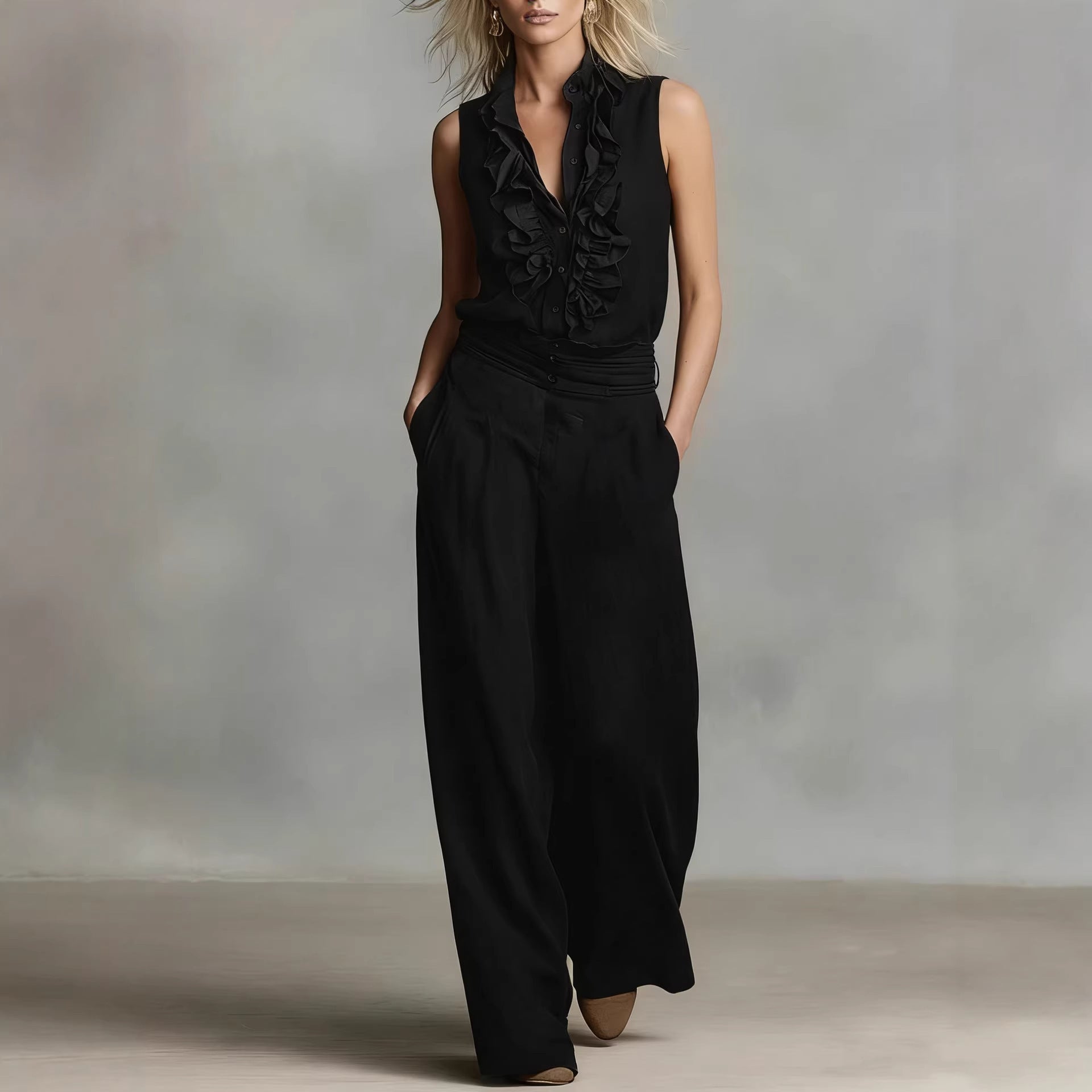 Women’s Linen Blend Two-Piece Set – Sleeveless Shirt & Wide-Leg Pants FitiqueFit