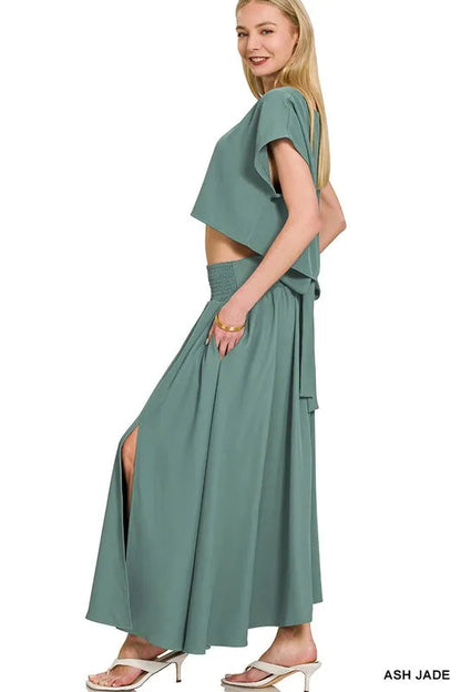 Zenana Heavy Woven Span Crop Tee & Skirt Set West2East Surf