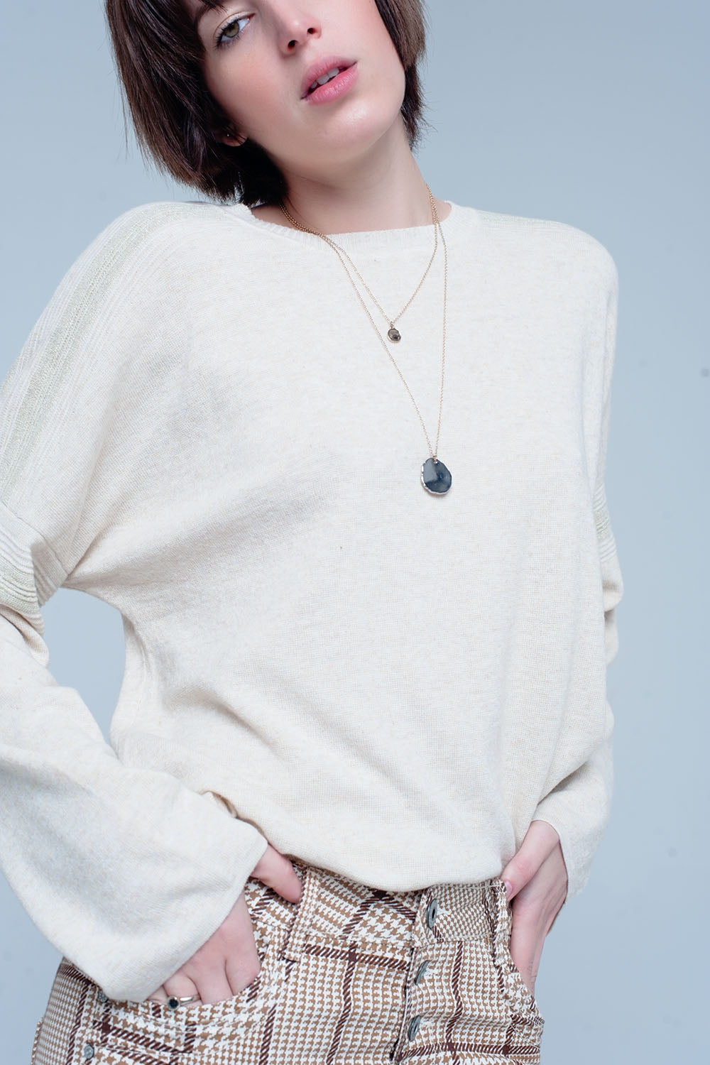 Beige Fine Knitted Sweater with Glitter Details Q2store