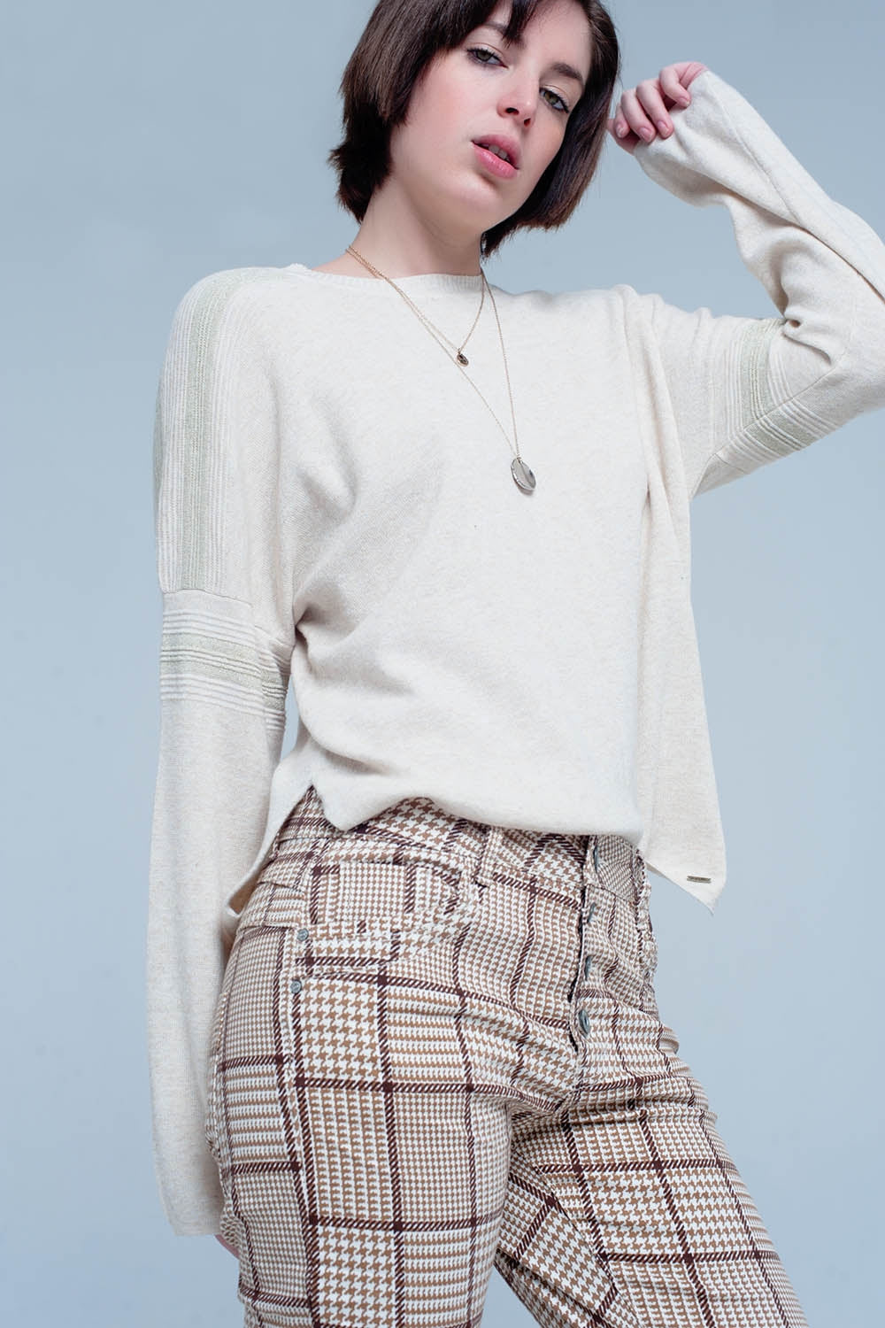 Beige Fine Knitted Sweater with Glitter Details Q2store