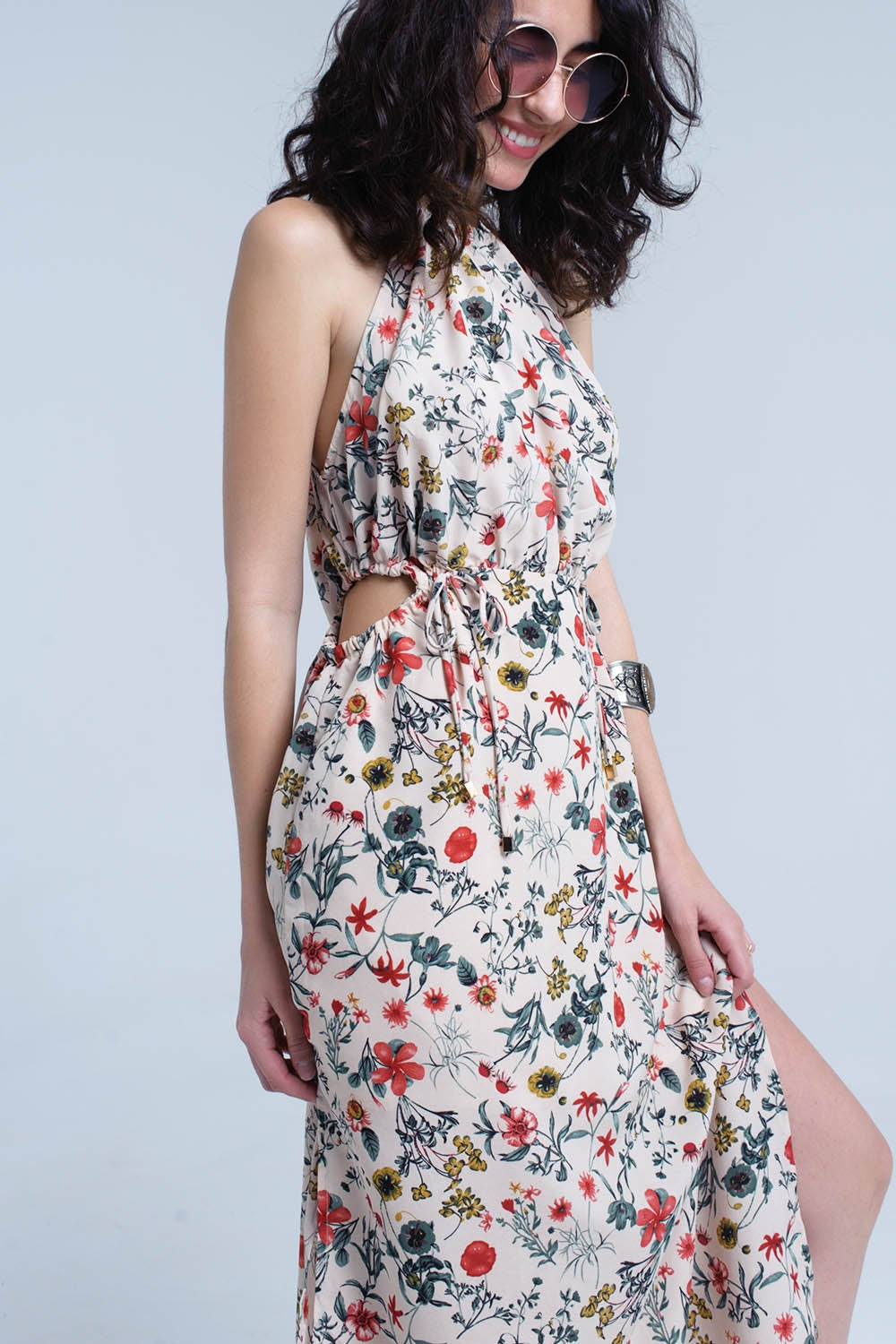Beige floral high neck cut out midi dress Q2store