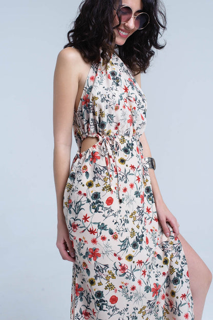 Beige floral high neck cut out midi dress Q2store