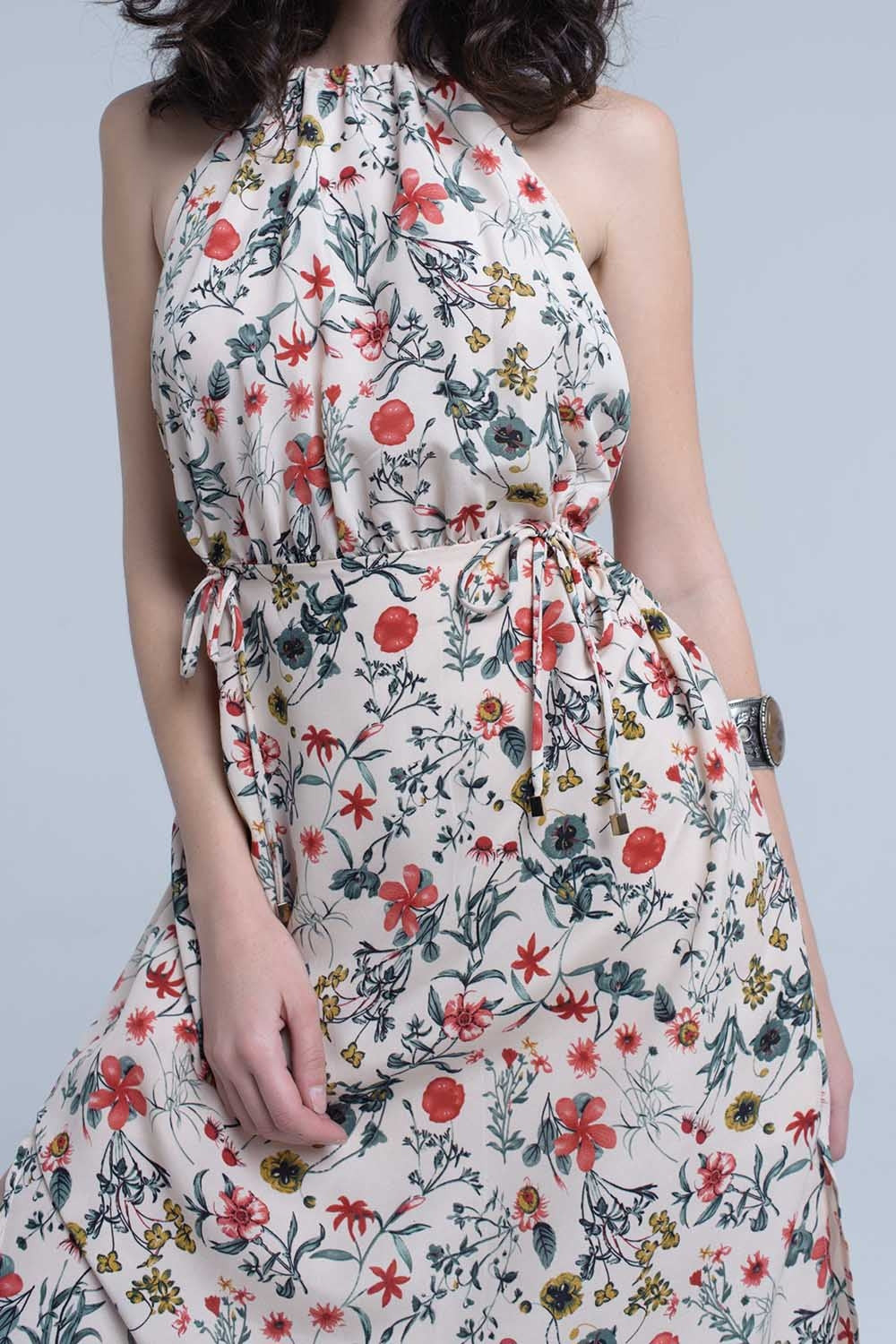 Beige floral high neck cut out midi dress Q2store