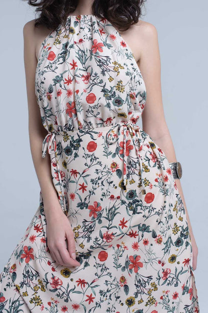 Beige floral high neck cut out midi dress Q2store