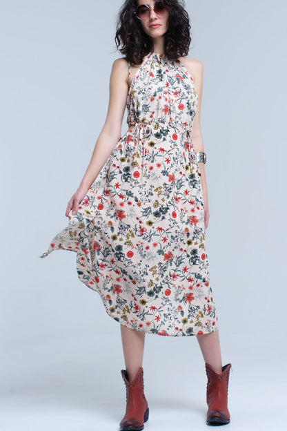 Beige floral high neck cut out midi dress Q2store