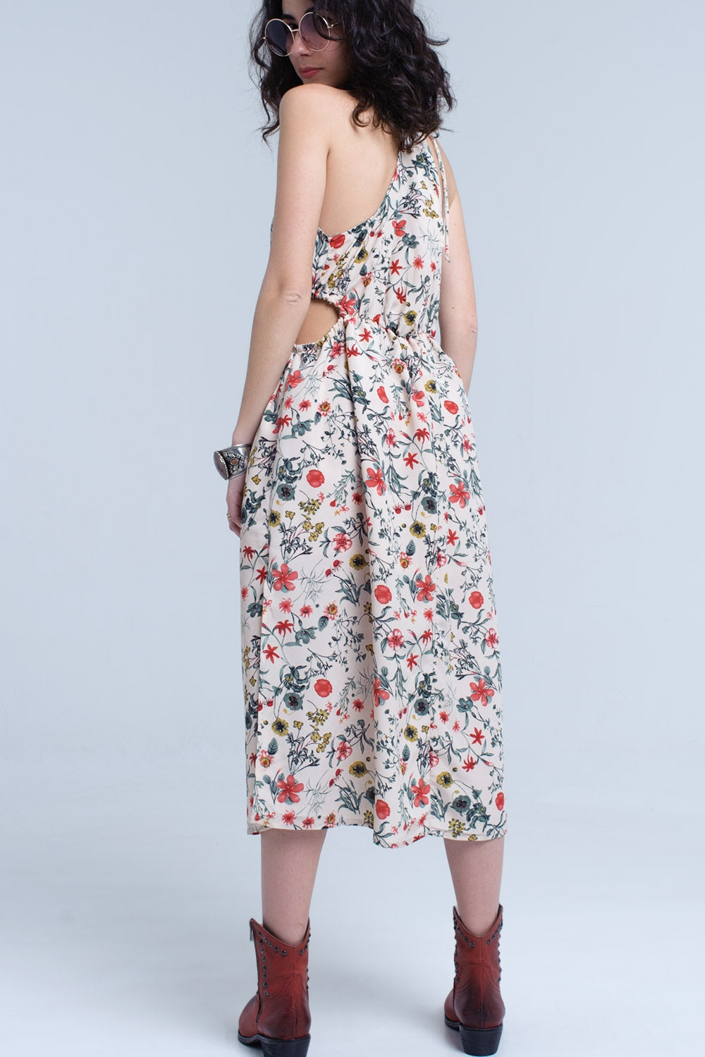 Beige floral high neck cut out midi dress Q2store