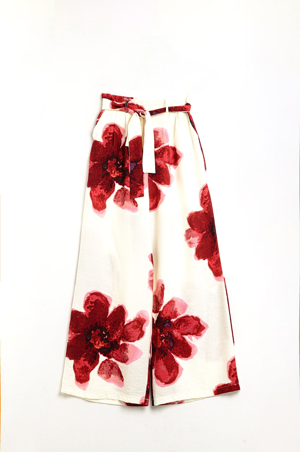 Beige Palazzo Pants With Red Tropial Flower Print and Matching Belt Q2store
