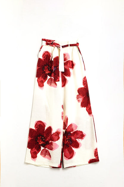 Beige Palazzo Pants With Red Tropial Flower Print and Matching Belt Q2store