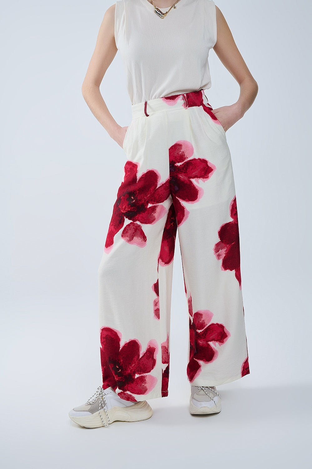 Beige Palazzo Pants With Red Tropial Flower Print and Matching Belt Q2store