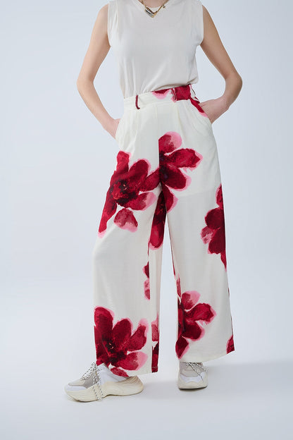 Beige Palazzo Pants With Red Tropial Flower Print and Matching Belt Q2store