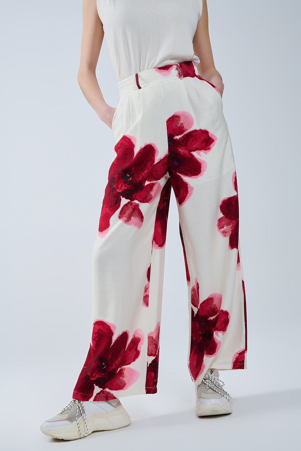 Beige Palazzo Pants With Red Tropial Flower Print and Matching Belt Q2store