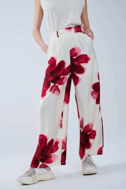 Beige Palazzo Pants With Red Tropial Flower Print and Matching Belt Q2store
