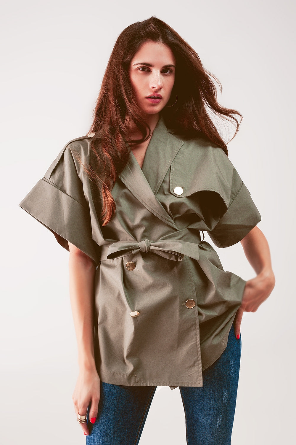 Belted jacket with drop shoulder in khaki Q2store