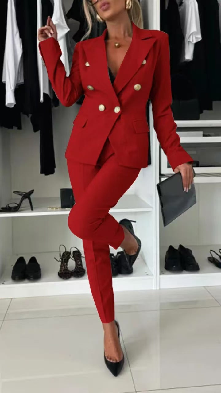 Double-Breasted Lapel Blazer & Zip-Up Trousers Suit FitiqueFit