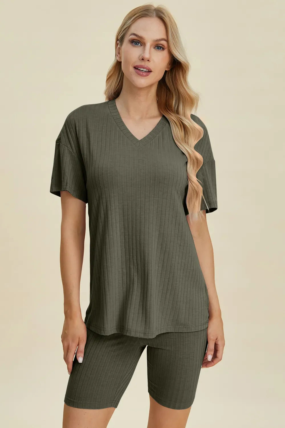 Basic Bae Full Size Ribbed V-Neck Short Sleeve Top and Shorts Set New Era Fashion LLc