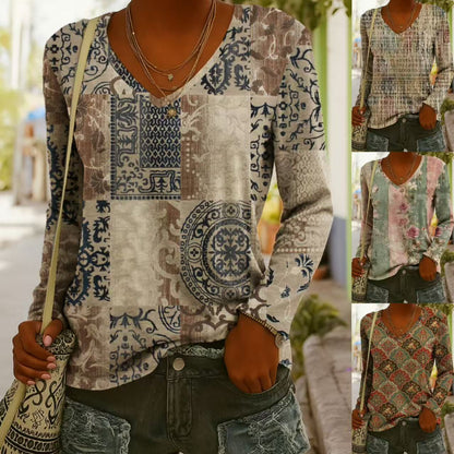 Women's Ethnic Print V-Neck Long-Sleeve Pullover Top FitiqueFit