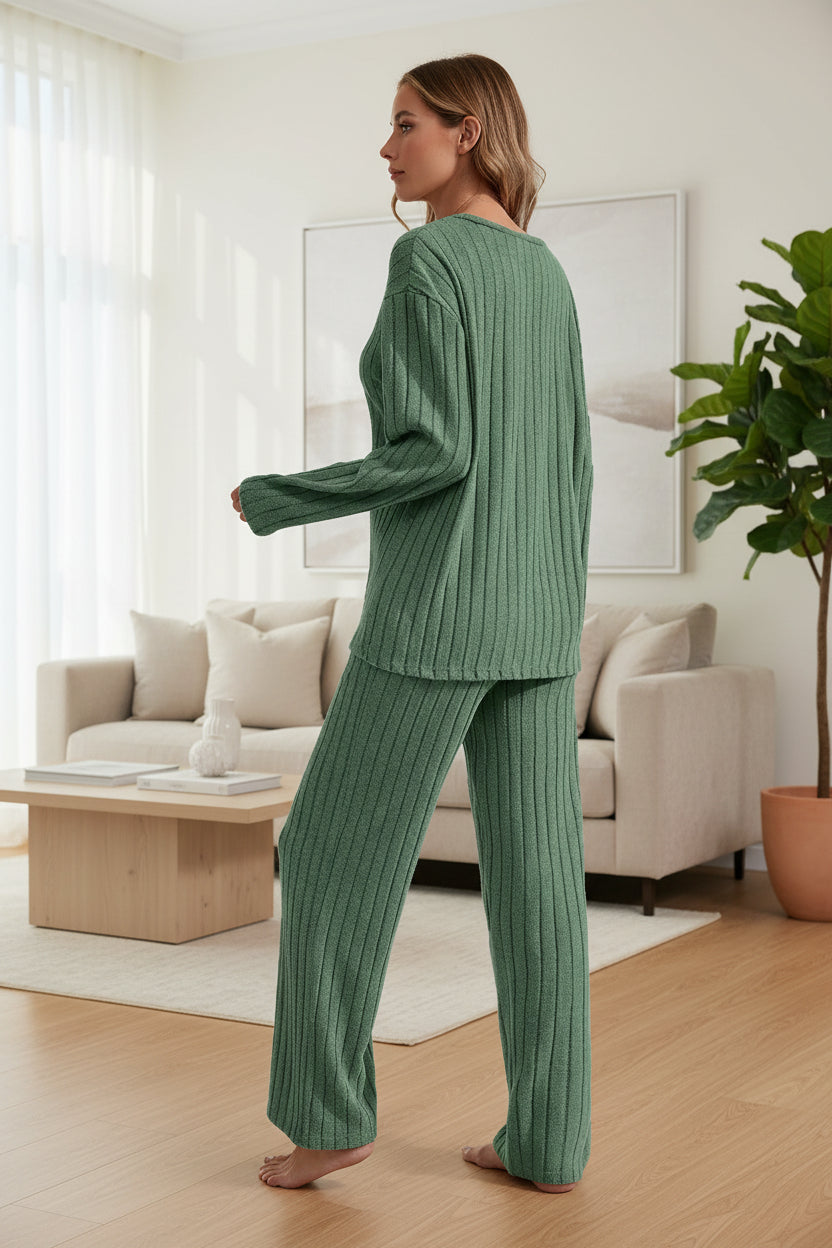 Women’s Ribbed Long Sleeve Top and Pants Loungewear Set FitiqueFit