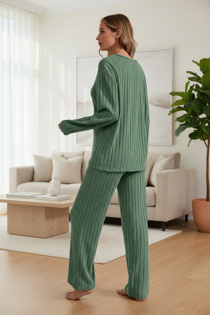 Women’s Ribbed Long Sleeve Top and Pants Loungewear Set FitiqueFit