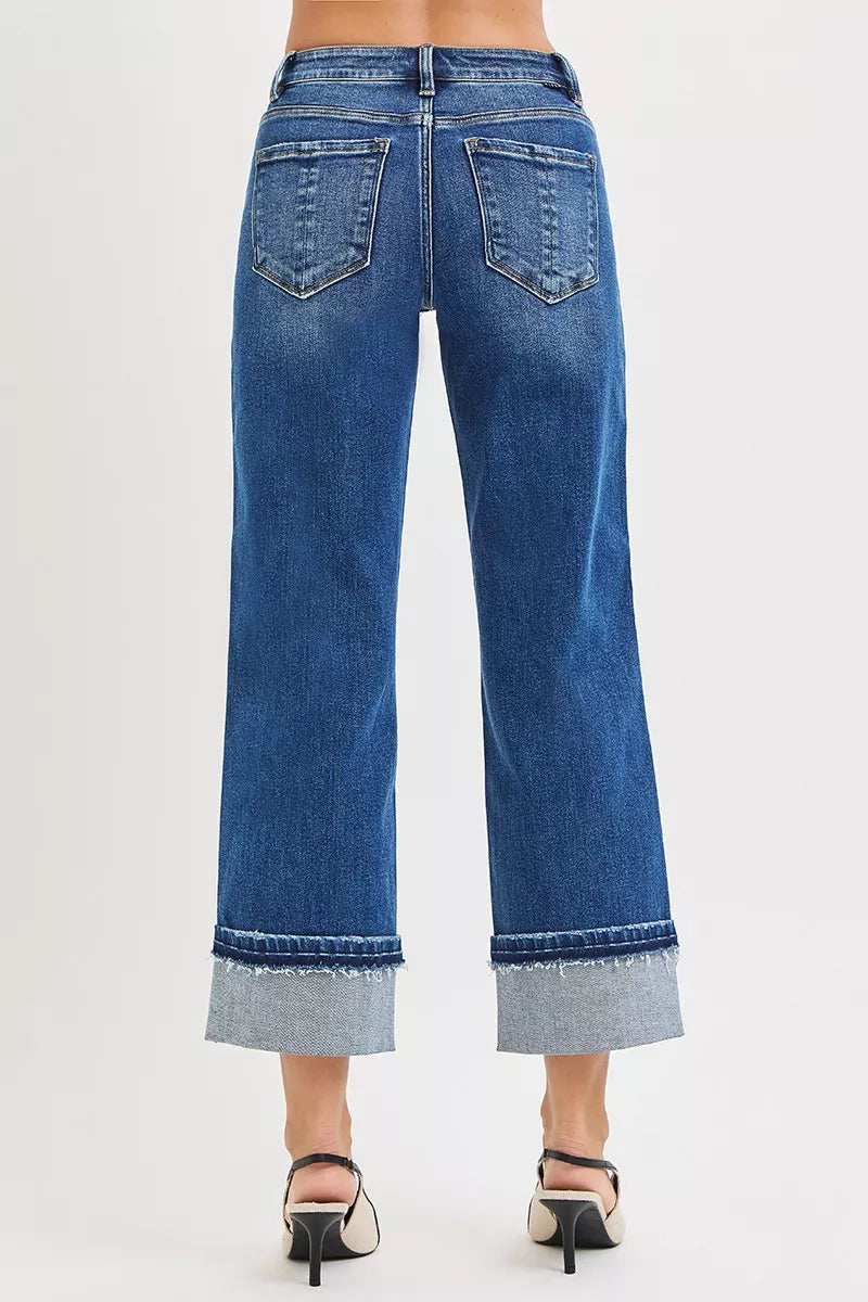 RISEN Mid Rise Ankle Straight Jeans with Cuffed Hem West2East Surf