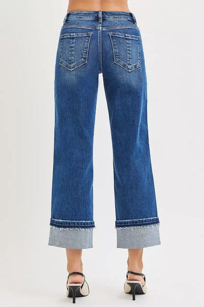 RISEN Mid Rise Ankle Straight Jeans with Cuffed Hem West2East Surf