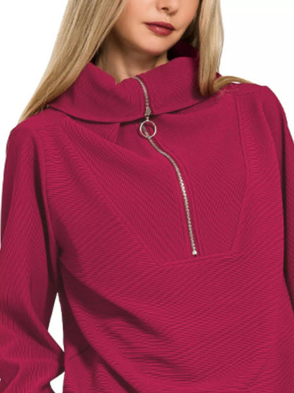 Zenana Ribbed High Neck Half Zip Pullover & Pants Set West2East Surf