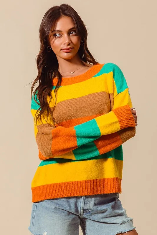 SO ME Multi Color Stripe Sweater with Ribbed Detail West2East Surf