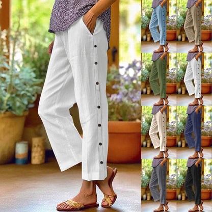 Cropped Pants With Decorative Buttons Along the Side Seams FitiqueFit