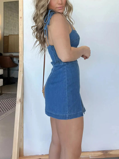 Full Size Tie-Strap Denim Mini Dress Plus Size New Era Fashion LLc