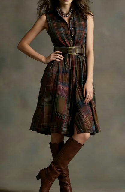 Women's Plaid Collared Sleeveless Fitted Waist Dress FitiqueFit