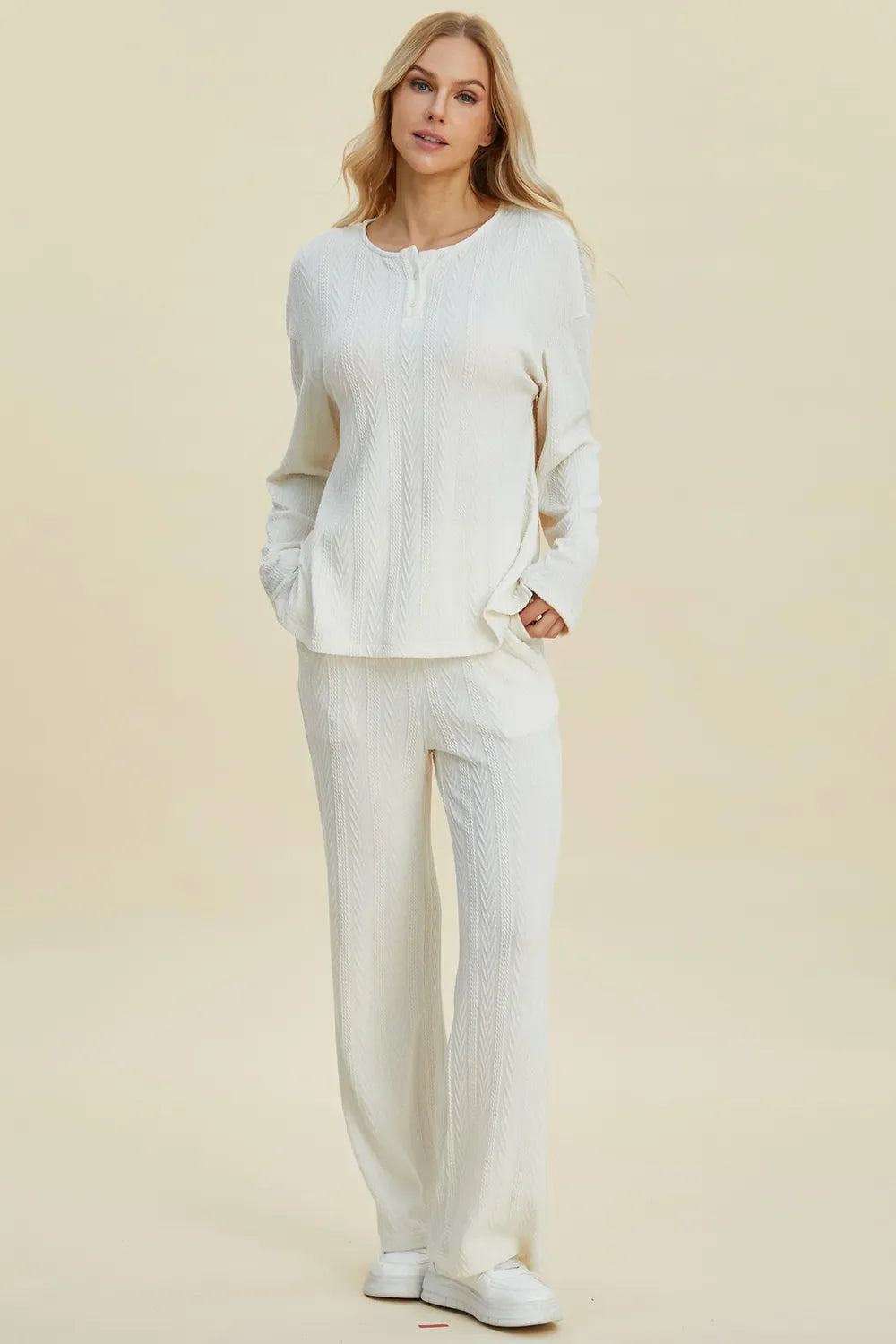 Double Take Full Size Cable-Knit Long Sleeve Top and Pants Set West2East Surf