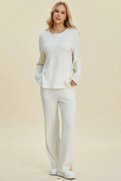 Double Take Full Size Cable-Knit Long Sleeve Top and Pants Set West2East Surf
