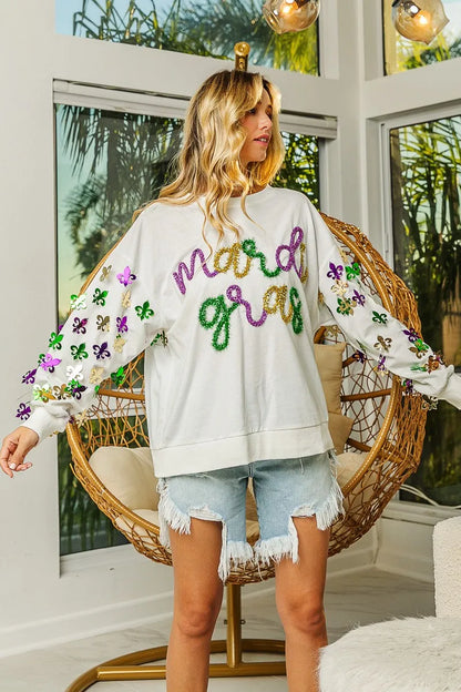 BiBi Fleur De Lis Sleeve Mardi Gras Pullover FitiqueFit