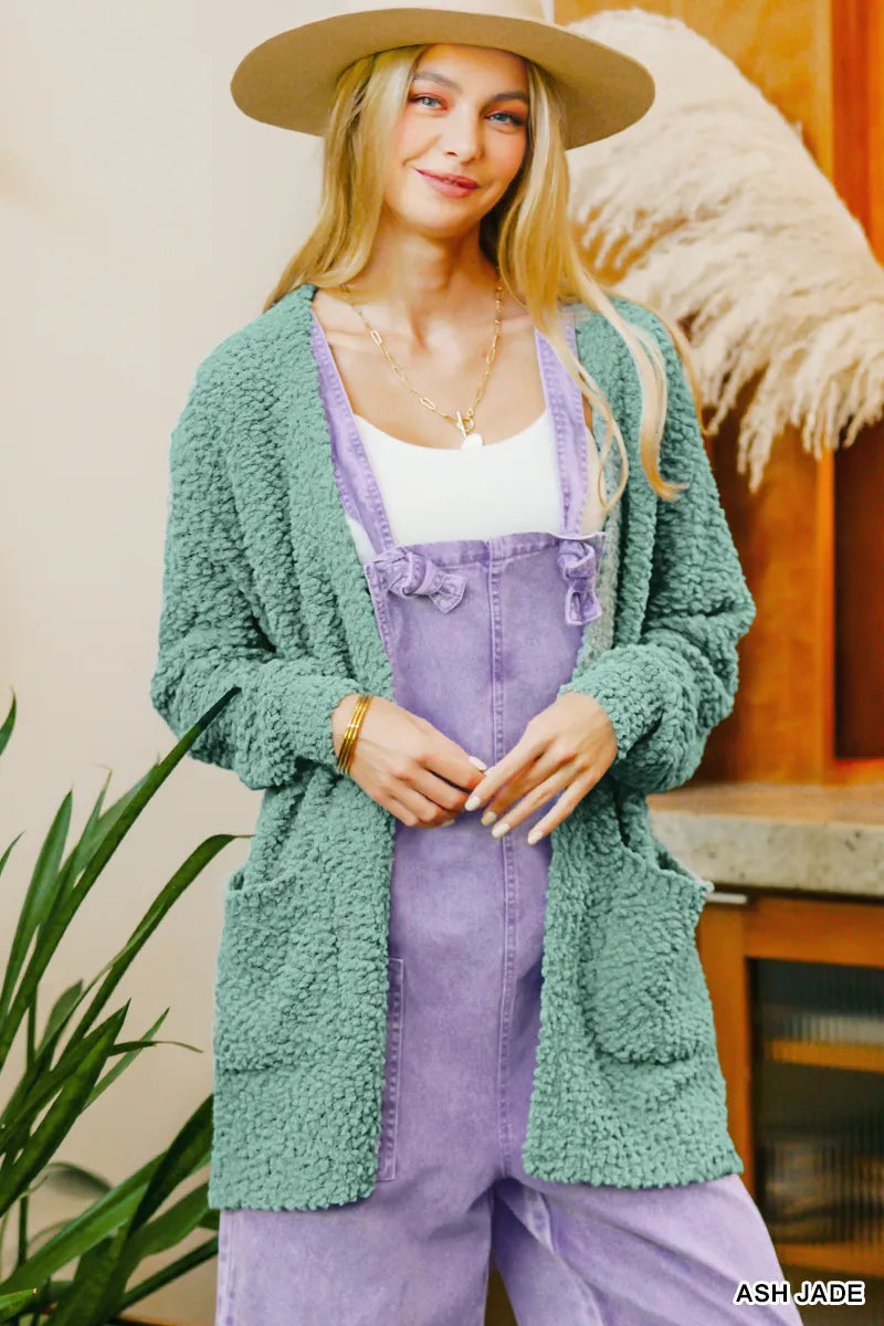 Zenana Long Sleeve Popcorn Sweater Cardigan with Pockets West2East Surf