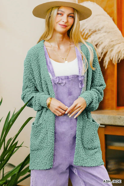 Zenana Long Sleeve Popcorn Sweater Cardigan with Pockets West2East Surf