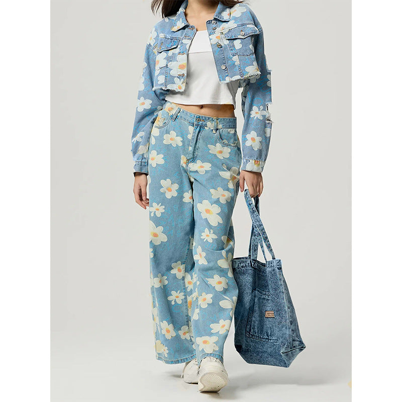 Women's Vintage Floral Print Straight-Leg Jeans FitiqueFit