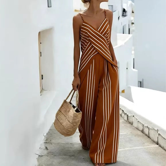 Women's Striped V-Neck Sleeveless Two-Piece Set FitiqueFit