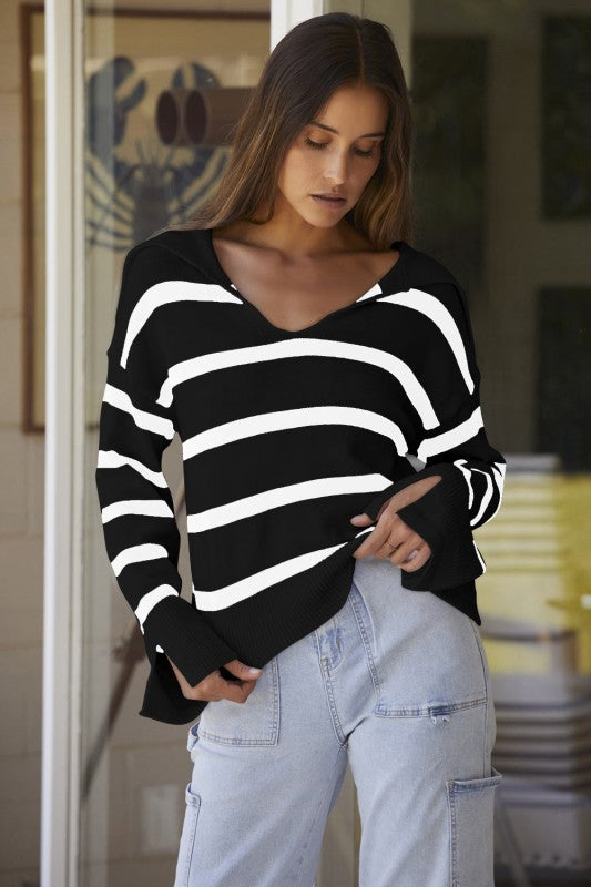 Stripe Caped V-Neck Slit Sleeve Sweater Shop Style & More | Fresh Looks, Everyday Deals & Free Shipping