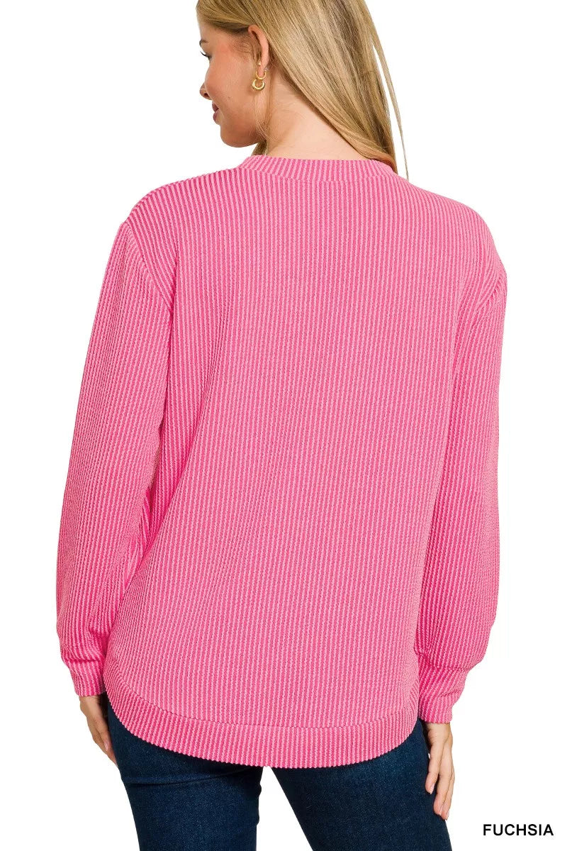 Zenana Full Size Raised Rib Round Neck Long Sleeve Top Plus Size Garden Naked Curves