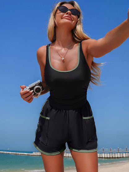 Contrast Trim Scoop Neck One Piece Swimsuit New Era Fashion LLc